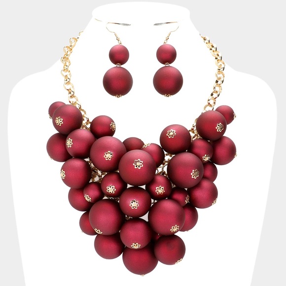 Burgundy Matte Ball Cluster Vine Statement Necklace - Picture 1 of 2